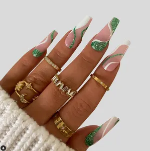 Vente en gros d'ongles de luxe sur mesure ongles artificiels de doigts marque privée avec autocollant de colle français bord blanc court carré