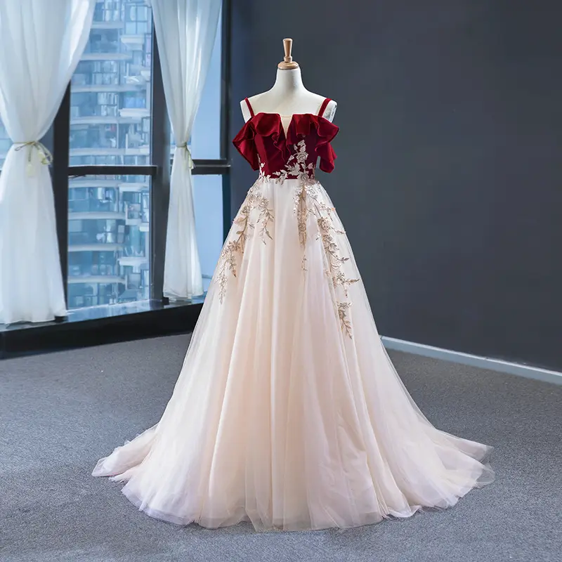 2024 New Burgundy + Champagne Color Banquet Evening Dress Long Sleeveless Elegant Wedding Bridal Dress Party Women's Dress