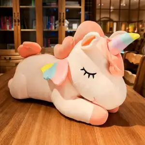 Barato al por mayor de encargo lindo animal de peluche suave juguetes blanco amarillo verde rosa felpa unicornio almohada
