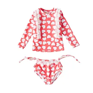 Red color girl swimsuit Baby Kids Girls Two Pieces Swimwear long sleeve 2 piece bathing suit