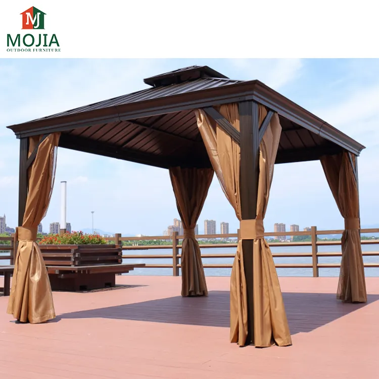 3m double canopy aluminum heavy duty outdoor patio gazebo with mosquito net & brown curtain aluminum gazeebo outdoor