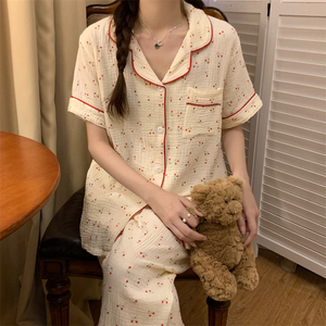 Completo pigiama estivo comodo in due pezzi Cardigan e pantaloni Cardigan a maniche corte stampati all'ingrosso in tessuto per dormire la <span class=keywords><strong>notte</strong></span> - Product Image 6