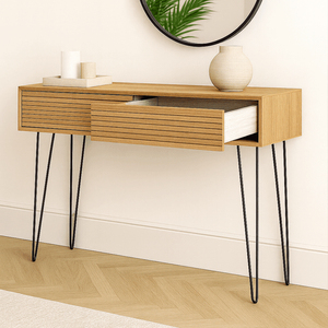 Escritorio de tocador moderno Japandi para maquillaje, 2 cajones, patas de horquilla de madera estriada, muebles de dormitorio, <span class=keywords><strong>precio</strong></span> de fábrica, proveedor - Product Image 3