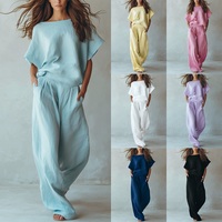Ensemble Lounge Couleur Unie pour Femme, Vente en Gros Usine, Haut Col Bateau et Pantalon Large, Tenue Assortie Deux Pièces avec Poches Latérales