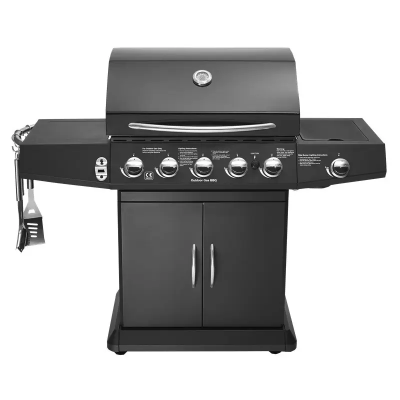 Outdoor Gas Barbeque Grill 5 Burner+1 Side Burner Gas Grill with Flame Safety Device Stainless Steel Commercial Gas Grill
