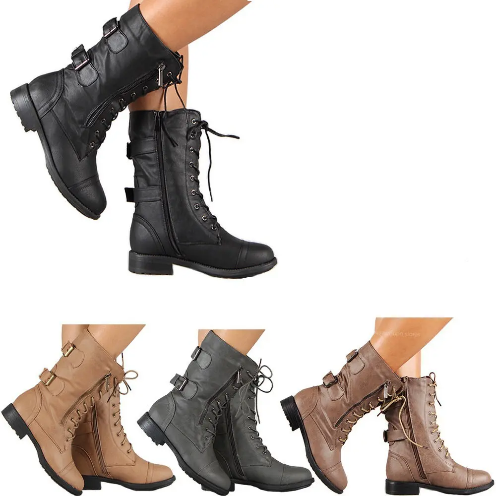 Womens Combat Militaire Laarzen Lace Up Gesp Mode Boot Schoenen