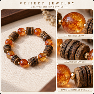 Bracelet en bois et pierres précieuses orange avec perles marron en forme de disque - Product Image 3