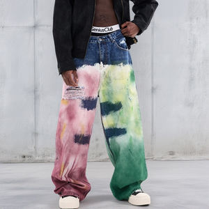 Jeans décontractés et amples, nouvelle tendance, marque, coupe droite, design graffiti à l'encre aquarelle et délavé à l'eau de Javel, avec trous - Product Image 3