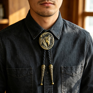 Cravate Bolo Western Vintage pour Homme, Pendentif Tête de Cheval, Finition Bronze Antique, Cordon en Cuir Tressé, Accessoire Décontracté pour Chemise - Product Image 4