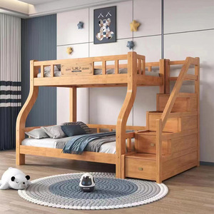 เตียงสองชั้นไม้จริงพร้อมที่เก็บของ ห้องเด็ก เตียงคู่ สีธรรมชาติ - Product Image 2