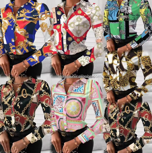 Camisa de manga larga de satén barata de alta calidad para mujer, decoración bordada, botón frontal, estampado informal, abertura lateral, cuello vuelto - Product Image 4