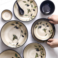 Vaisselle en céramique feuille de bambou Omk grand bol à riz japonais rétro sous glaçure couleur assiette jetable pour soupe et nouilles