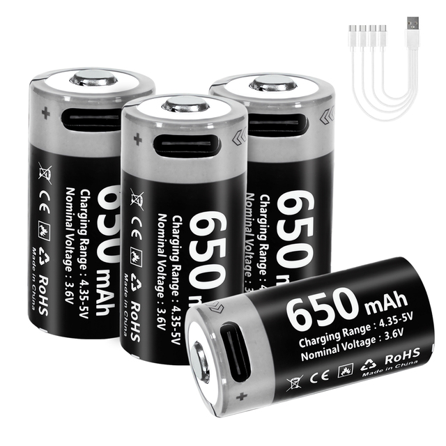 3.0V CR123A Camera Battery 650mAh Type C 3.6V USB 16340 Cylindrical Lithium Ion Rechargeable Batteries