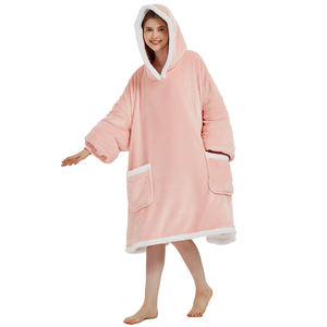 Polyester Long Sleeve Sherpa Inside Flannel Soft Fleece Oversize Warm Full Length Pink Wearable Blanket <strong>Hoodie</strong> for <strong>Men</strong> and Women - Product Image 5