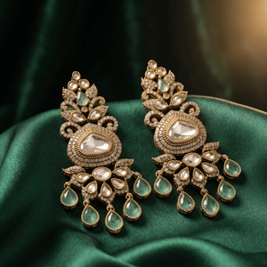 Boucles d'oreilles pendantes longues en Kundan Polki non taillées, couleur vert émeraude, plaquées or, style statement, pour mariée indienne, à porter lors de mariages. - Product Image 1