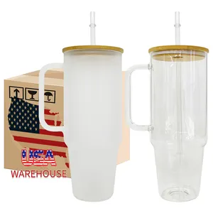 Usa Magazijn Matglazen Koffiebeker Mok Met Handvat Op Maat Sublimatie Blanks 40Oz Doorzichtige Glazen Bekers Met Stro En Deksel