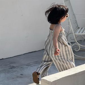 Mono de tirantes sin mangas de vendaje informal para niñas, monos con estampado de rayas a la moda, pantalones largos, ropa para niños - Product Image 5