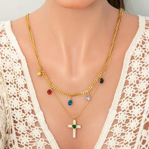 <b>Cross</b> Pendant Necklace Stainless Steel Double Layer <b>Chain</b> Zircon Inlay Heart Center Gift Jewelry - Product Image 3