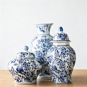 Nouveau vase en céramique bleu et blanc de style vintage oriental de la dynastie Ming Qing, vase en porcelaine pour le sol, idéal comme pot de rangement - Product Image 3