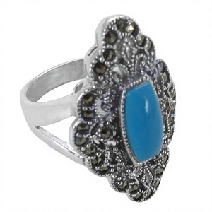 Bague Art Palace Vintage en turquoise synthétique et argent sterling 925, avec superbes marcassites, pour mariage et soirée, évaluation tierce partie - Product Image 2