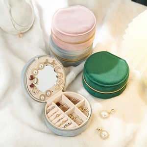 Wholesale Custom Travel Pink Round Jewellery Storage <b>Case</b> Logo <b>Small</b> Green Portable Velvet Box Mirror Zipper Closure - Product Image 3
