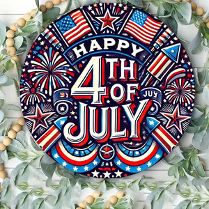 Insegna in Legno per il 4 Luglio, Decorazione Patriottica con Bandiera Americana e Fuochi d'Artificio, Appendiporta Rosso Bianco e Blu per la Festa dell'Indipendenza - Product Image 1