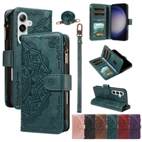 Étui portefeuille multifonction en cuir avec fentes pour cartes et fermeture éclair pour Samsung Galaxy S26 Plus S25 Ultra Edge S24 FE, motif Mandala Fleur