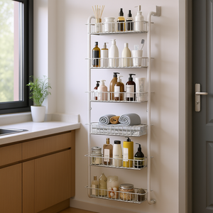 Étagère de rangement à 6 niveaux à suspendre derrière la porte, en acier au carbone, avec paniers et crochets, pour cuisine et salle de bain, blanc, 62,99 pouces - Product Image 2