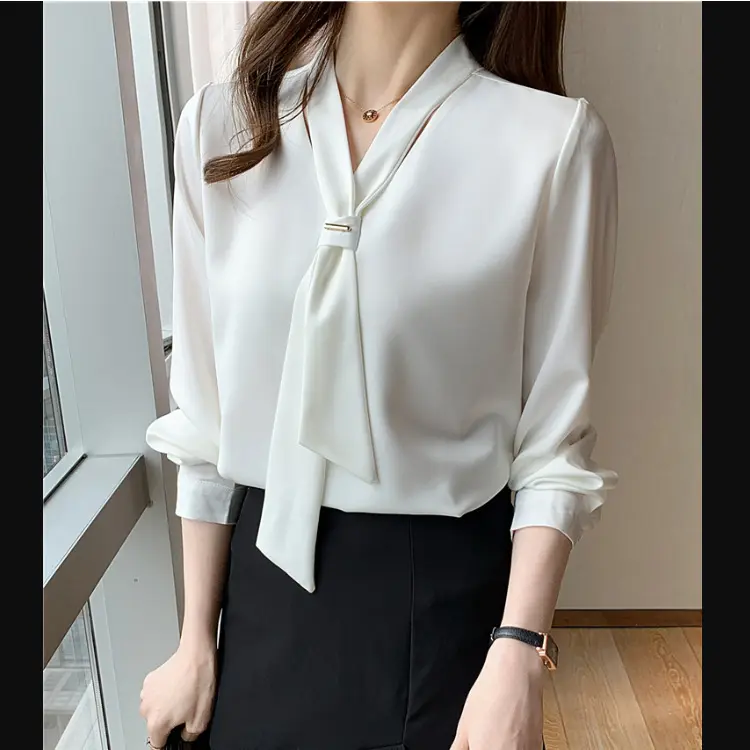 2023 Bow V-Neck Office Lady Tops Women Blouses Long Sleeve Chiffon Blouse Shirt
