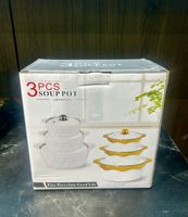 Lot de 3 casseroles en porcelaine géométriques à bord doré, faites en céramique blanche, avec couvercle en verre, vente en gros