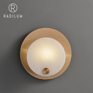 Round Solid Brass Alabaster <b>Wall</b> Lamp Natural Spanish Stone Gold Mesh Nordic Luxury <b>Sconce</b> Bedside Living Room Hotel Designer - Product Image 1