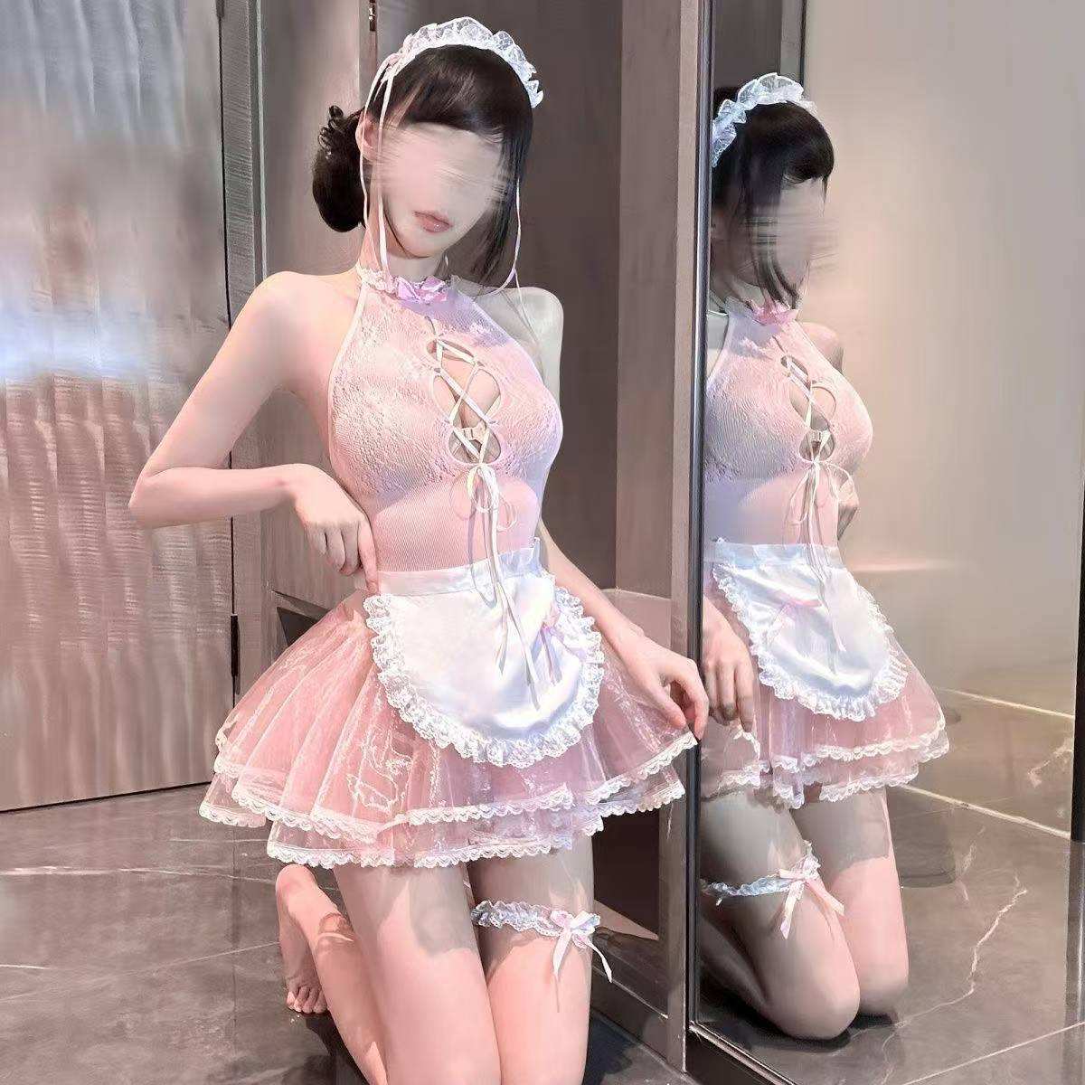 Pantalon en T avec tablier en filet joint et bandeau rose