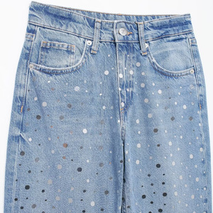 Jeans décontractés pour femmes à sequins, taille haute, coupe droite et large, tendance - Product Image 5