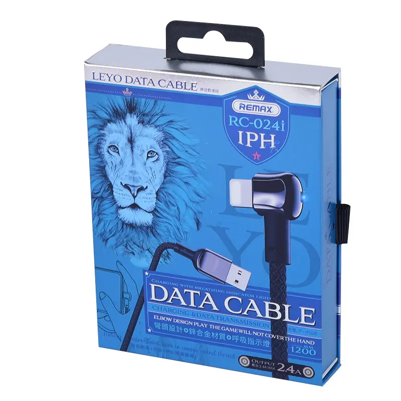 Boîte d'emballage en papier avec câble de chargeur rapide USB de données de téléphone portable en gros avec crochet personnalisé
