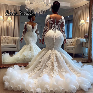 2025 vestidos de novia de manga larga de encaje con cuentas románticas Aso Ebi volantes sirena vestido Formal vestido de novia vestido personalizado - Product Image 6