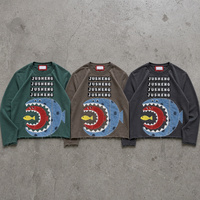 T-shirt Homme Oversize à Manches Longues avec Appliqué Requin, Coupe Courte, Épaules Tombantes, Bords Bruts, en Coton Tricoté Effet Vieilli, Style Streetwear
