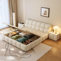 Lit double moderne et simple en tissu crème YISI avec cadre en bois de pin, rangement haute boîte, design moelleux, hauteur réglable, autres caractéristiques