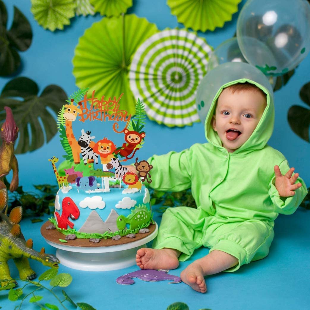 Déco Gâteau Safari Jungle 1 An – Toppers Animaux Forêt + Happy Birthday – Anniversaire Enfant