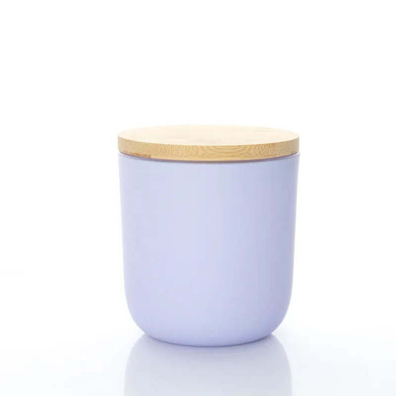 Vente en gros de bocal à bougie en verre avec logo personnalisé avec couvercle en bois de bambou violet bouteille de bougie givrée