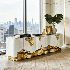 Mobile da Soggiorno <span class=keywords><strong>Bianco</strong></span> <span class=keywords><strong>e</strong></span> <span class=keywords><strong>Oro</strong></span> con Texture Dorata, Tavolo Console di Lusso in Stile Moderno, Colore <span class=keywords><strong>e</strong></span> Dimensioni Personalizzabili - Product Image 3