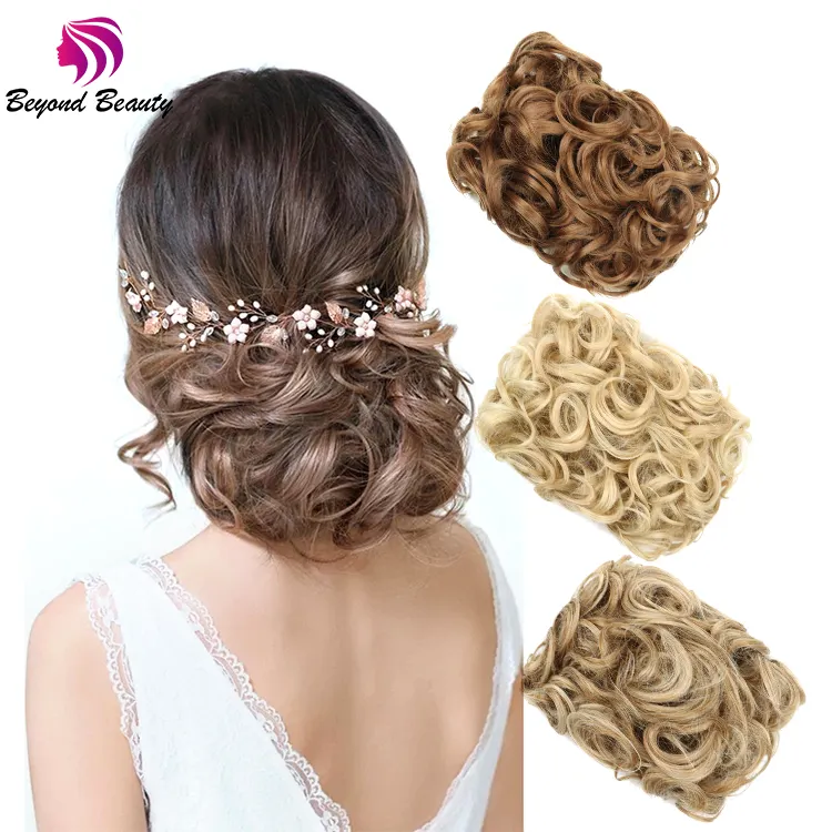 Bridal Synthetic Short Curly Chignon Elastic Rubber Band Two Steel fork Comb Clips in Hair Extensions Hair Bun for Girls False