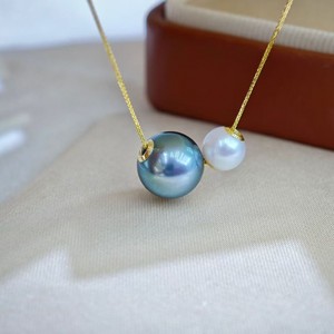 Collier en or 18 carats Mengling avec perle Akoya et perle noire de Tahiti, serti de pierres rondes, pendentif classique, bijoux pour femmes - Product Image 4