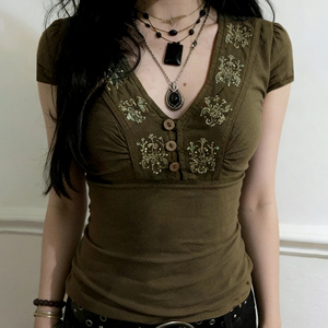 เสื้อยืดผู้หญิงคอวีพิมพ์ลายระบายแขนสั้นทรงเข้ารูปเสื้อถักลำลองแฟชั่นฤดูร้อน - Product Image 3