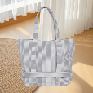 Bolso de mano de algodón de 21 pulgadas para mujer, bolso de mano de playa de verano, bolsos de hombro de rayas azules con sombrero portátil para viajes, venta al por mayor - Product Image 6