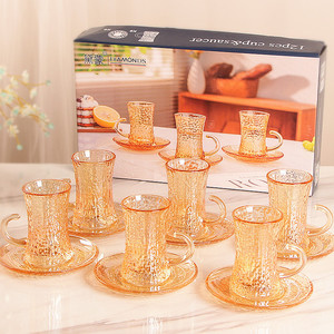 Taza de <span class=keywords><strong>café</strong></span> de vidrio con platillo, juego de 6, venta al por mayor, taza de agua de vidrio ámbar europeo para el hogar, taza de té de vidrio resistente al calor - Product Image 1
