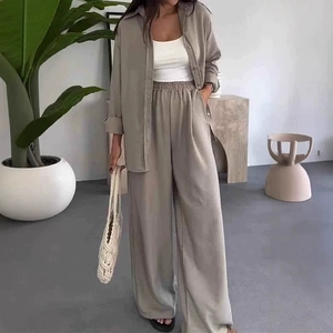 Nouveau style femme ensemble deux pièces pantalon ample et haut motif solide longueur cheville - Product Image 2
