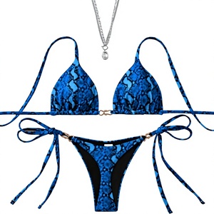 Ensemble bikini imprimé léopard bleu pour femme, haut dos nu, bas à nouer sur les côtés, maillot de bain deux pièces en Spandex et Polyester, coupe extensible - Product Image 1