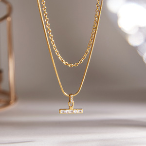 T-Shaped Titanium Steel Necklace Double Layered Geometric Pendant Gold Chain For Women Fashion Jewelry Gift - Product Image 2