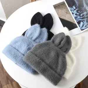 Eco Friendly Custom High Quality Kint Beanies Rabbit Ears Fuzzy Mohair Women Beanie Hats
