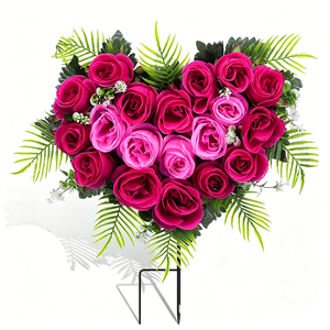 ช่อดอกกุหลาบ<span class=keywords><strong>ป</strong></span>ระดิษฐ์รูปหัวใจ <span class=keywords><strong>สีชมพู</strong></span>ฟูเชีย ทำจากโฟม พร้อมใบเฟิร์นสีเขียว จัดวางเป็นช่อดอกไม้สำหรับตกแต่งบ้านและสุสาน - Product Image 1